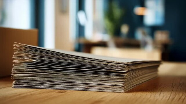 Medium shot of recycled paper sheets stacked neatly on an office desk showcasing ecofriendly materials used for sustainable daily writing needs.