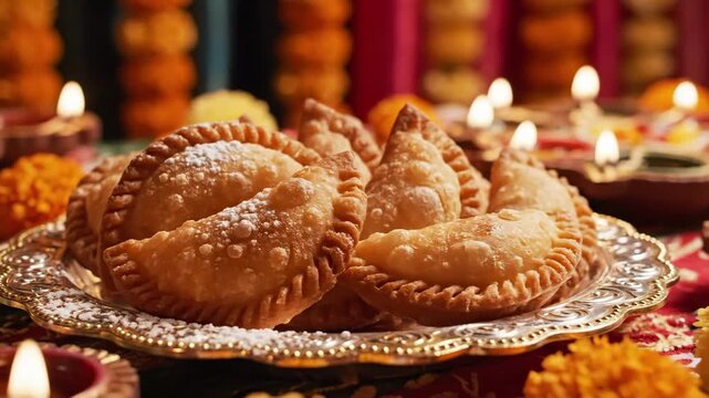 Plate Gujiya With Lit Diyas And Marigold Garlands Ornate Silver Platter Holds Golden Flaky Pastries Dusted With Sugar, Warm Candlelight Creating Bokeh Background, Traditional Diwali Offering.