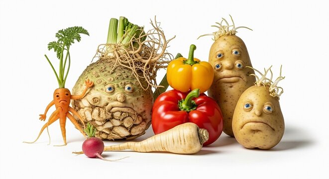 Whimsical 'Ugly' Vegetables: A Quirky Group of Personified Root Vegetables, Peppers, and Potatoes with Expressive, Humorous Faces on a Clean White Background.