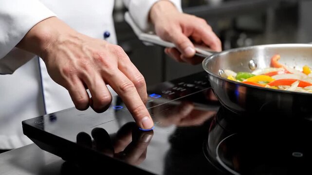 Chef cooking vegetables in a pan, using an induction stove. Cooking, food preparation concept.