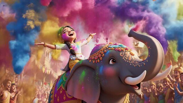 Triumphant Indian Girl Atop Decorated Elephant, Regal Procession Before Palace Architecture With Massive Crowd, Exploding Color Clouds, Traditional Costume, Jubilant Ritual And Sunlit Festival.