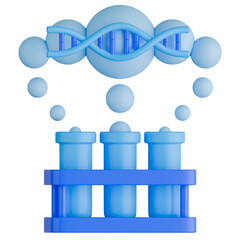 3D illustration featuring blue DNA suspended over rack of three laboratory test tubes with floating bubbles. Represents experimental biotechnology research.