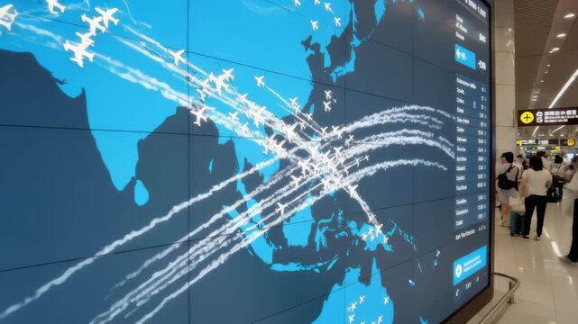 Passengers Walk Past Flight Map at Airport Terminal Waiting to Fly