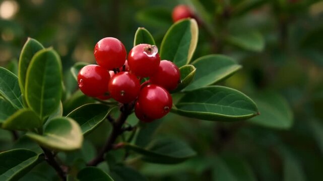 Close-up shot of red bearberry fruits and green leaves in natural light