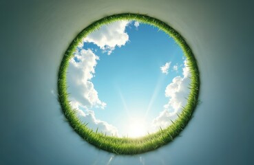 Fototapeta premium Circle of green grass frames bright blue sky with sun and clouds. View from inside tunnel or pipe looking out onto sunny day. Nature and future concept.