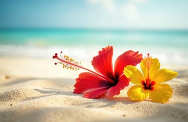 Obraz premium Two hibiscus flowers red and yellow rest on fine sand near gentle ocean waves. Bright tropical blooms show vibrant colors against clear blue sky and turquoise water.