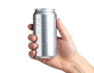 Hand holding a cold silver soda or beer can with water drops. Beverage mockup. Isolated on transparent background.