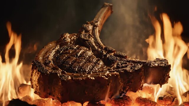 Bone-In Ribeye Steak Grilling Over Hot Embers