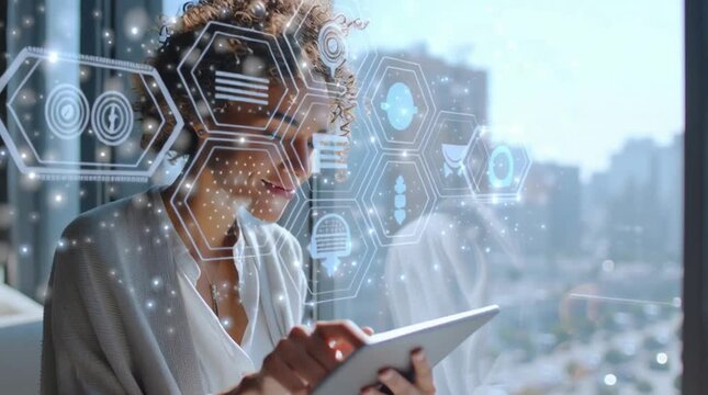 Smiling Woman Using Tablet by Window with Digital Interface Elements