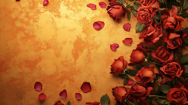 Warm orange background with delicate red rose petals and blooming roses arranged on right side, creating romantic and elegant floral composition