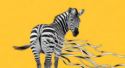 Fototapeta premium Zebra with Flowing Black and White Stripes on a Yellow Background animal wildlife