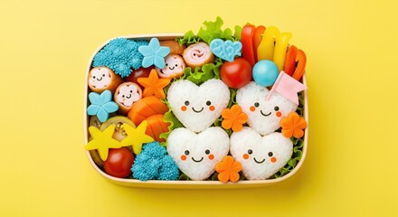 Colorful and Cheerful Bento Box with Heart-Shaped Rice and Playful Ingredients
