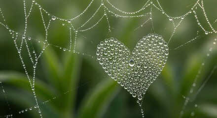 Heart-Shaped Water Droplets on Spider Web in Soft Focus Nature Background