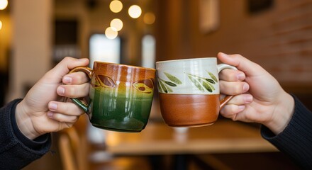 Friends Cheer with Colorful Coffee Mugs in Cozy Caf&eacute; Setting