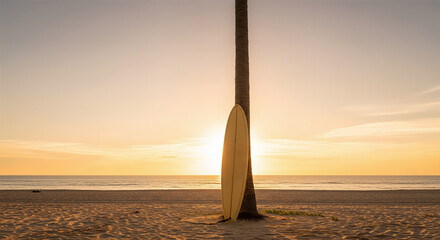 Serene Sunset Over Beach with Surfboard Leaning Against Palm Tree in Warm Glow