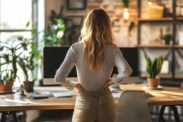 Girl holding her lower back, back pain when she gets up from her desk.