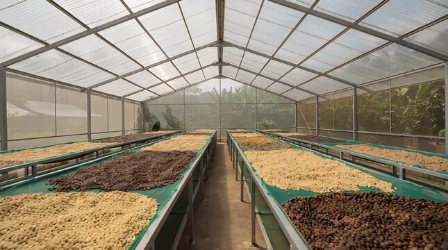 Rows of Drying Coffee Beans Inside a Greenhouse Structure