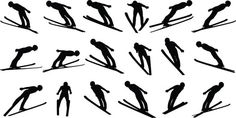 Obraz premium Black silhouette ski jumpers set showing dynamic winter sport action poses isolated on white background illustrating skiing motion speed balance athletic performance and competition