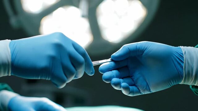 Two hands in surgical gloves exchanging a scalpel under bright operating room light in a medical procedure.