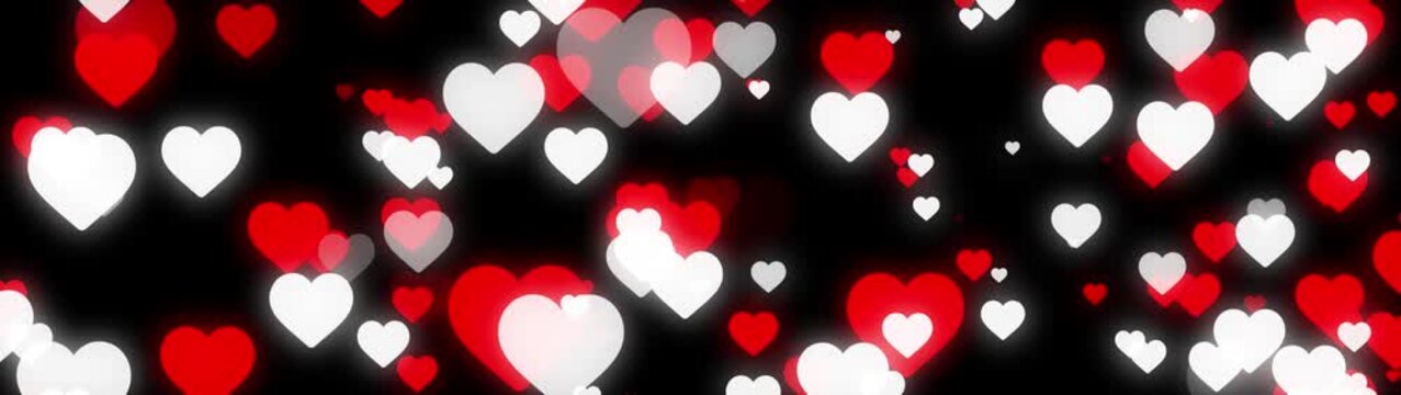 Numerous Red and White Glowing Hearts Scattered Across a Dark Background with Subtle Light Rays love