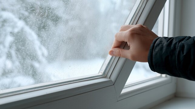 Hand opening window to let fresh air into a home, symbolizing house burping and ventilation for indoor air renewal.