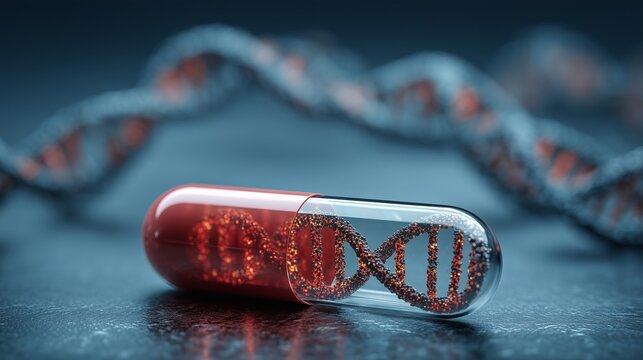 Capsule revealing a dna helix fragment on a lab surface symbolizing dna immunotherapy and gene-based vaccine delivery.