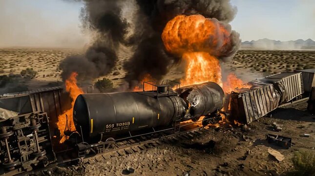 Train Explosion with Orange Flames and Black Smoke in Arid Landscape with Rusted Train Cars Under Bright Daylight