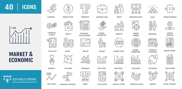 Market and economics icon set. Includes supply and demand, customer behavior, market trends, market analysis, market growth and more. Vector Illustration with editable strokes