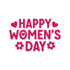 Fototapeta premium Happy Women's Day vector clipart with pink text, hearts, and flowers for International Women's Day