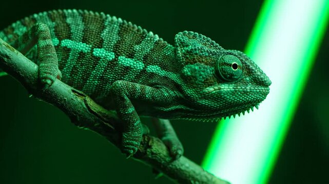Green Chameleon resting on branch, bright neon green lighting background, Animal nature beauty. Beautiful wildlife close up view.