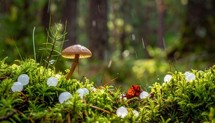 Mushroom and flowers in forest moss.