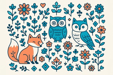 Obraz premium Cute stylized fox and owls surrounded by colorful flowers and leaves on light background in playful flat graphic style for nature-themed concept. Ai generative
