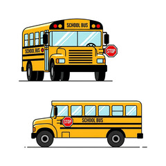 An illustration of a yellow school bus with a stop sign extended from the side. in white background.