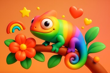 Fototapeta premium Colorful cartoon-style rainbow chameleon with big eyes sitting on a branch surrounded by playful shapes on vibrant orange background. Ai generative