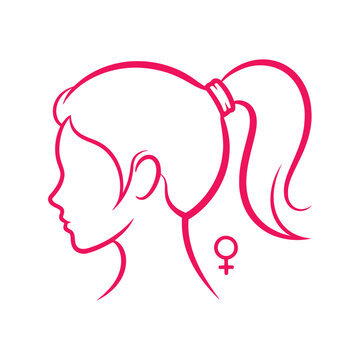 Women's Day vector clipart of female profile with ponytail and feminine symbol, minimalist line art