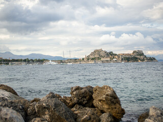 The historic old town of Corfu in a stunning view of the ionian sea 