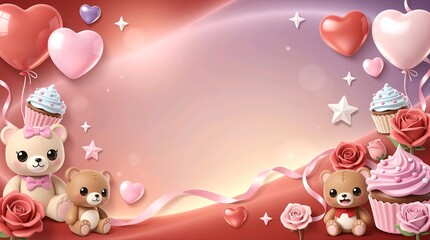 Fototapeta premium Kawaii Valentine Teddy Bear and Cupcake Celebration Background