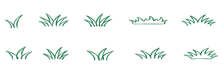 Fototapeta premium Grass line icon, meadow and flower doodle outline design, bush tuft, small lawn, green sketch plant isolated on white background. Thicket hand drawn border. Floral scribble vector illustration
