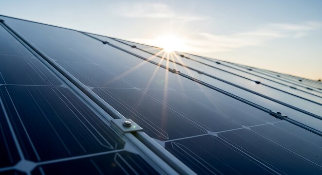 Solar panel array on rooftop producing clean renewable electricity under clear blue sky, showcasing sustainable energy technology, environmental conservation, climate-friendly innovation for green.