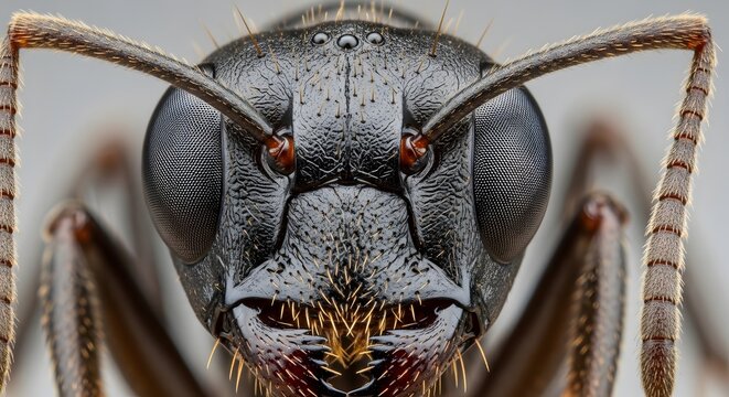 Close-up of an ant's face showing detailed texture and structure