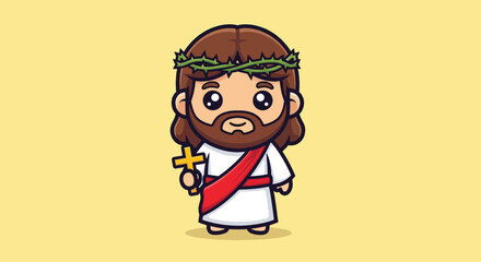 Obraz premium Cute Jesus Christ Cartoon Character Holding a Cross.