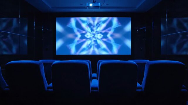 Empty seats and screen in dark blue movie theater with projector for cinema viewing experience.