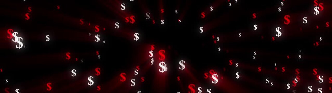 White and red dollar signs radiating light beams from a central point on a dark background dollars money