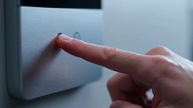 Person pressing finger on fingerprint scanner for access control, security technology.