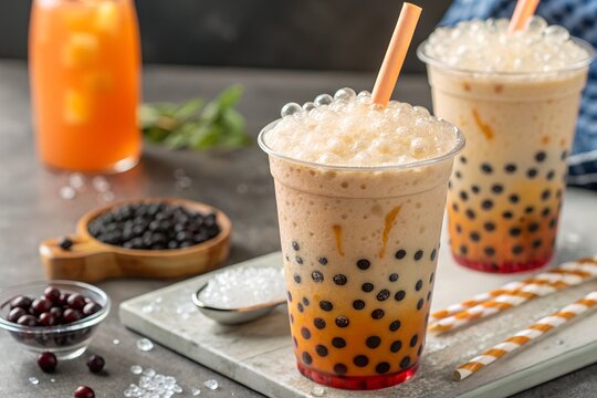 Chocolate mousse and fruit smoothie dessert with coffee drinks and sweet treats
