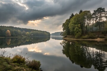 Obraz premium Sunset over a lake and river with trees reflected in the water