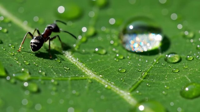 Close-up of ant on leaf with water drops, showcasing nature, insect, and macro detail.
