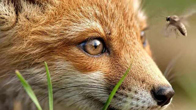 Close-up portrait of a beautiful wild red fox with striking eyes and fur detail, peeking through grass in nature.