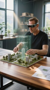 Man wearing augmented reality glasses creating and manipulating a holographic building model over a physical city layout, designing urban spaces with advanced technology in an office setting