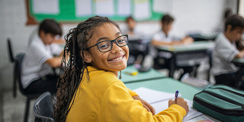 Naklejka premium Portrait of a happy young schoolgirl with glasses and braids smiling in a classroom, sitting at her desk with other students in the background.